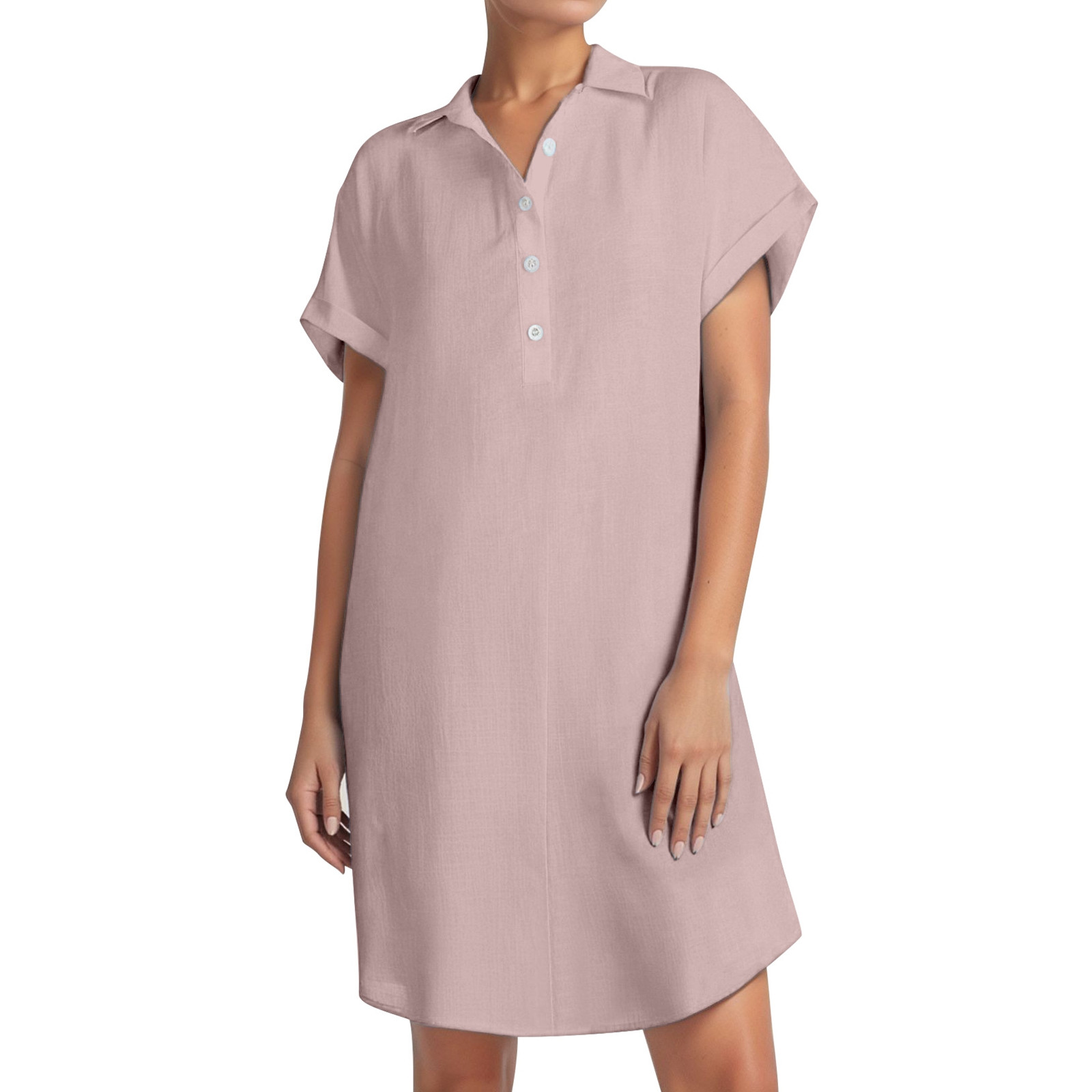 Vestido camisero de manga corta con botones para mujer: túnica informal de color liso, tejido suave y transpirable, versátil para tres estaciones.